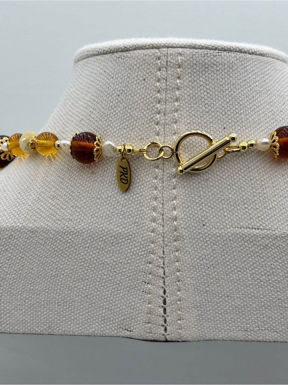 Carnelian, brown and amber glass beads. Accented Yellow AB Crystal and Pearls. - Picture 5 of 5